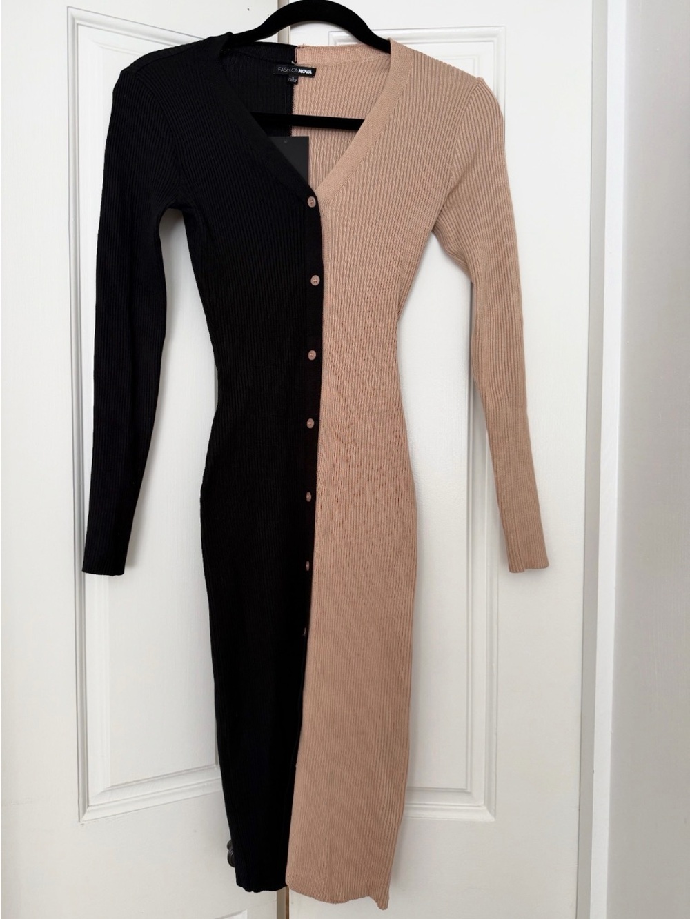 Fashion Nova Two-Tone Rib Knit Long Sleeve Dress - Black & Beige